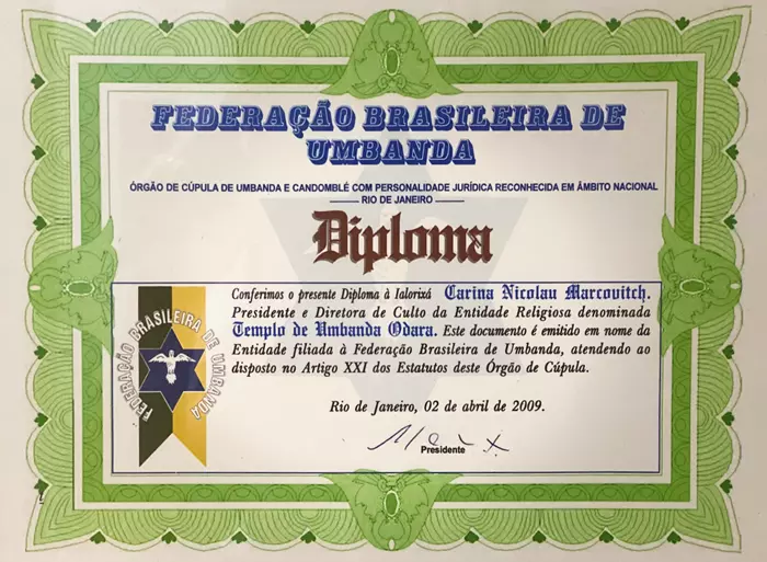 Diploma da Federação Brasileira de Umbanda